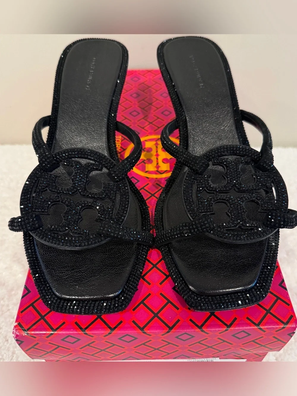 Crystal-Embellished Tory Burch Pave Geo Bombe Miller Low Heel Sandals